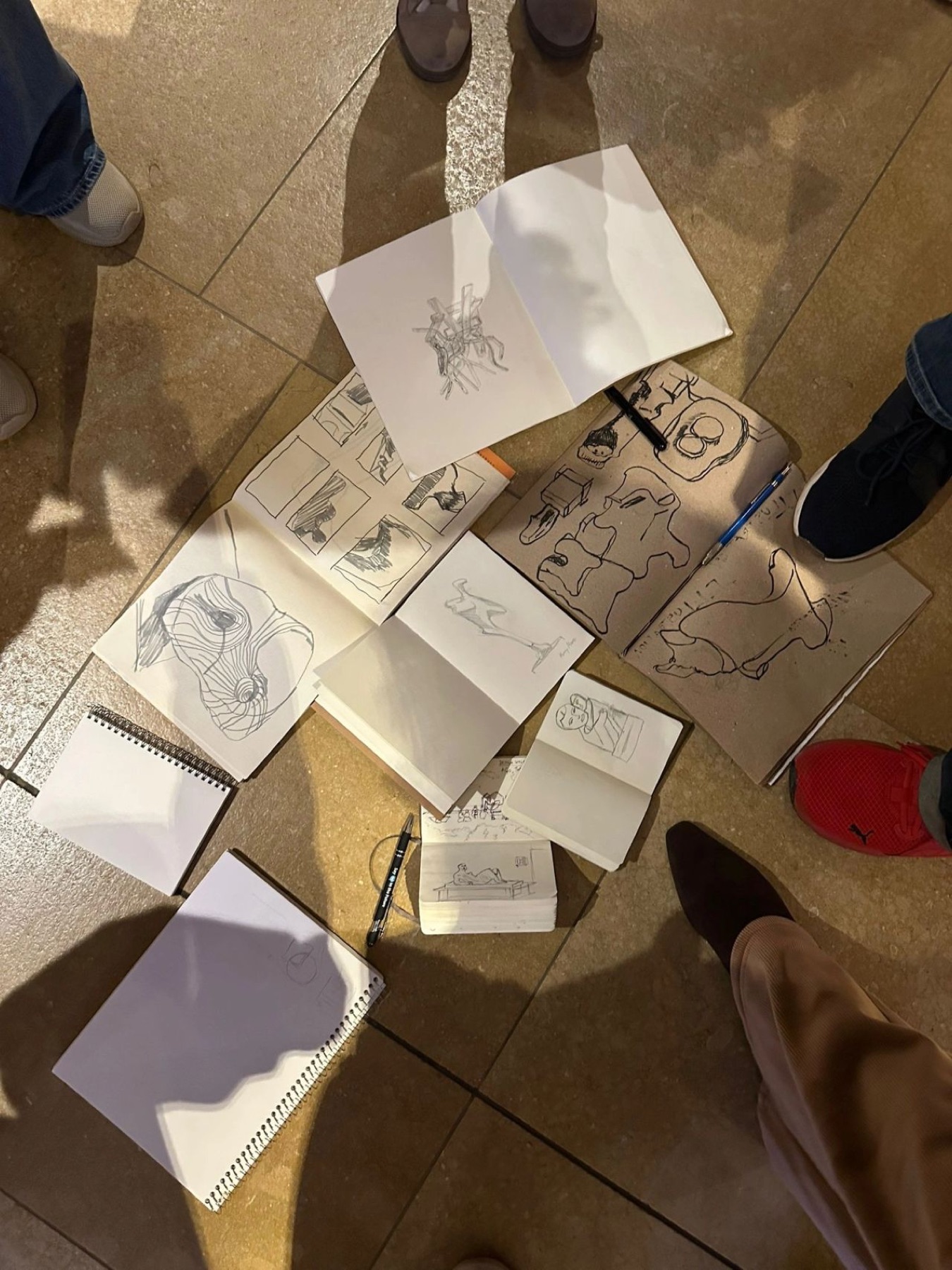 A dozen open sketchbooks laid out on the gallery floor after the Observe and Draw walk at the AGO